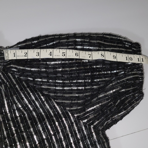 Duffield Lane Black Metallic Stripes Tiered Puff Sleeve Whimsygoth Holiday Dress - Picture 7 of 13